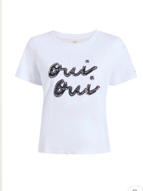 Cinq a Sept White Sequin ‘Oui Oui’ Short Sleeve Tee